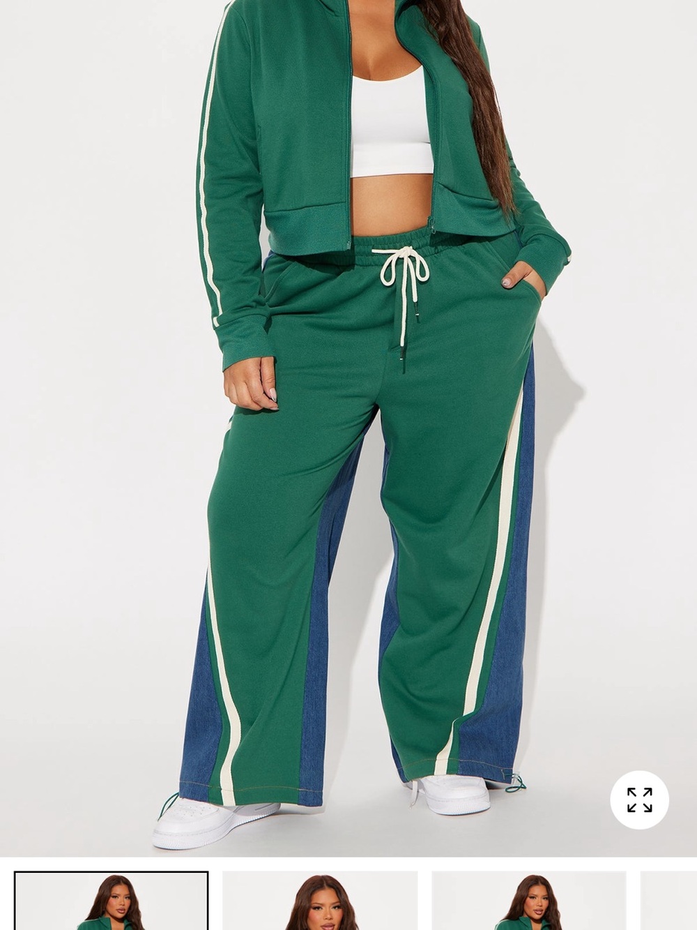 Fashion Nova Green Wide Leg Flare Jeans with Blue Panels & White Stripe